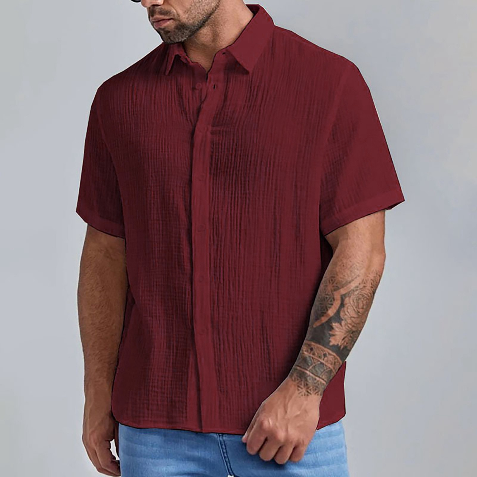 thumbnail image 5 of Camisa de manga corta con cuello cubano para hombre - Camisa informal con botones para bodas en la playa - Ropa de verano, 5 of 5